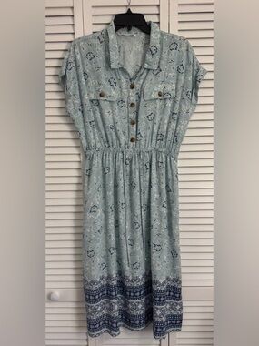 Lucky Brand Light Blue Floral Midi Dress with Navy Border